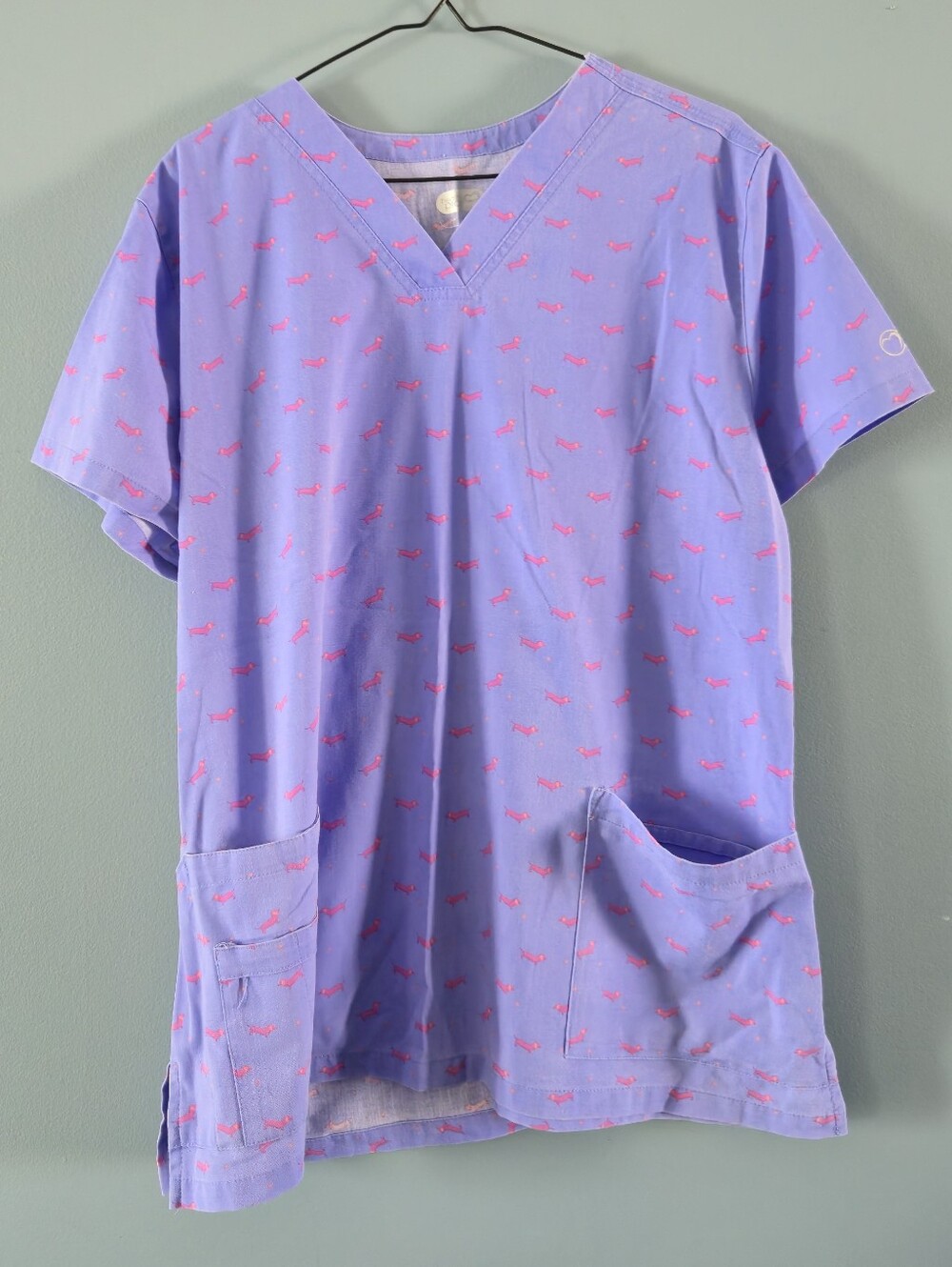 Lavender V-Neck Scrub Top with Pink Dachshund Dog Print (XL)